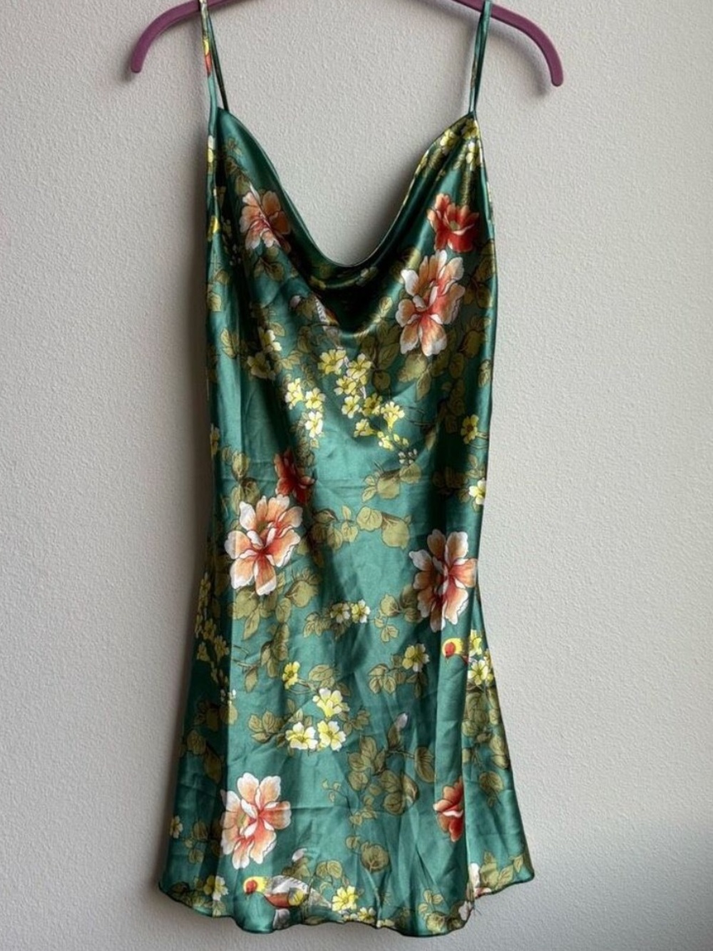 BOGO Green Floral Drape Neck Chest Strappy Mini Dress Satin